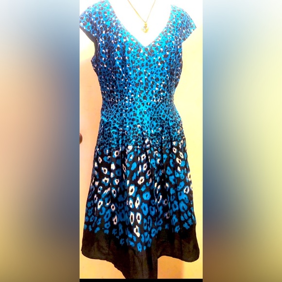 Kay Unger, Silk Blend Blue, BLK&White Leopard, Fit&Flare V-Neck Midi Dress SZ 10 - Picture 2 of 16
